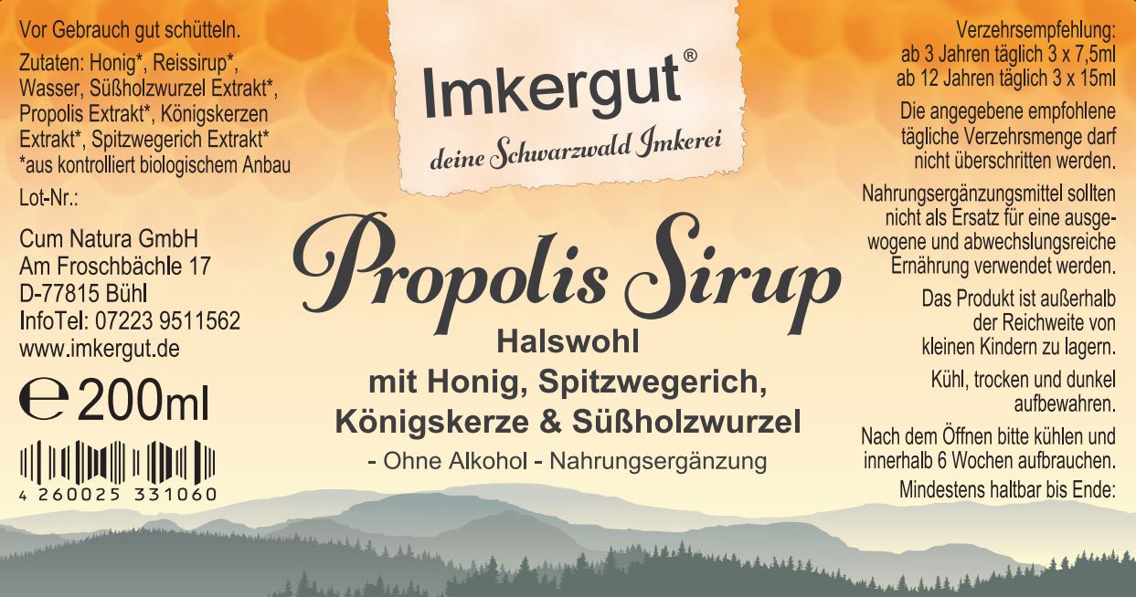 Propolis Sirup Etikett von vorne 